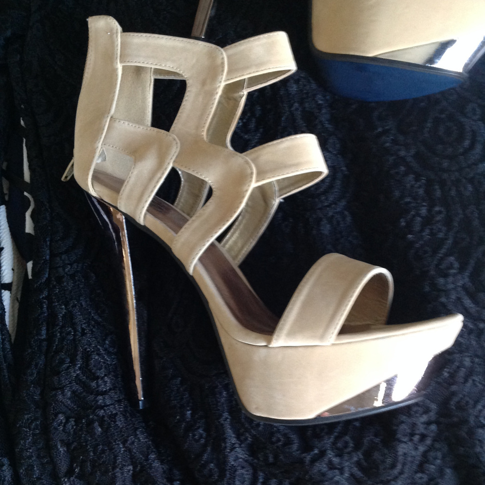 Nude beige strappy mirror heel stilettos