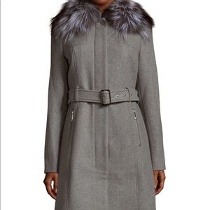 MICHAEL KORS Natural Fox Fur Collar Long Coat, 8