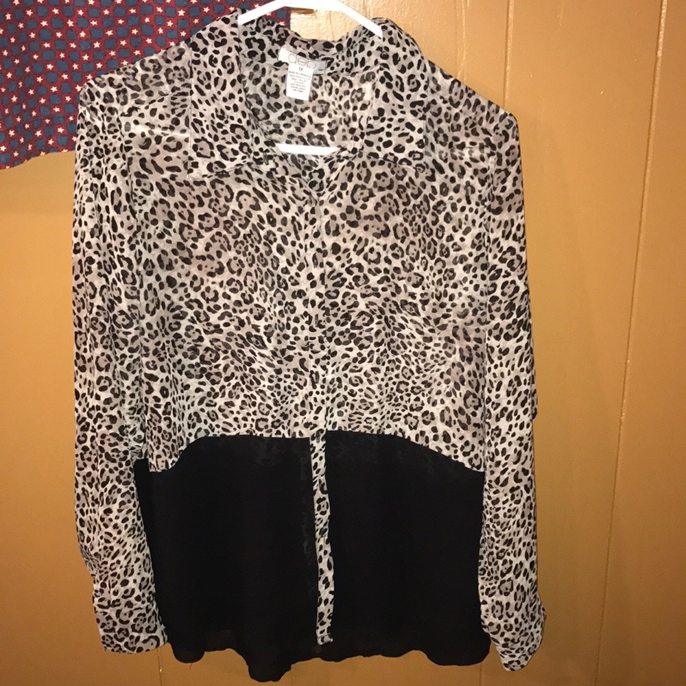 Cheetah with black chiffon button up shirt