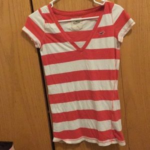 Dark pink and white striped v-neck