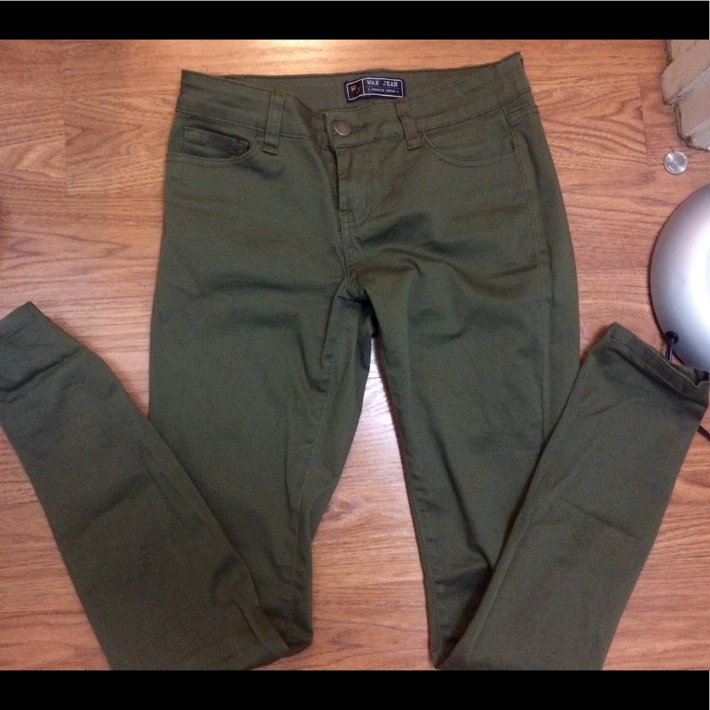 Olive wax skinny jeans
