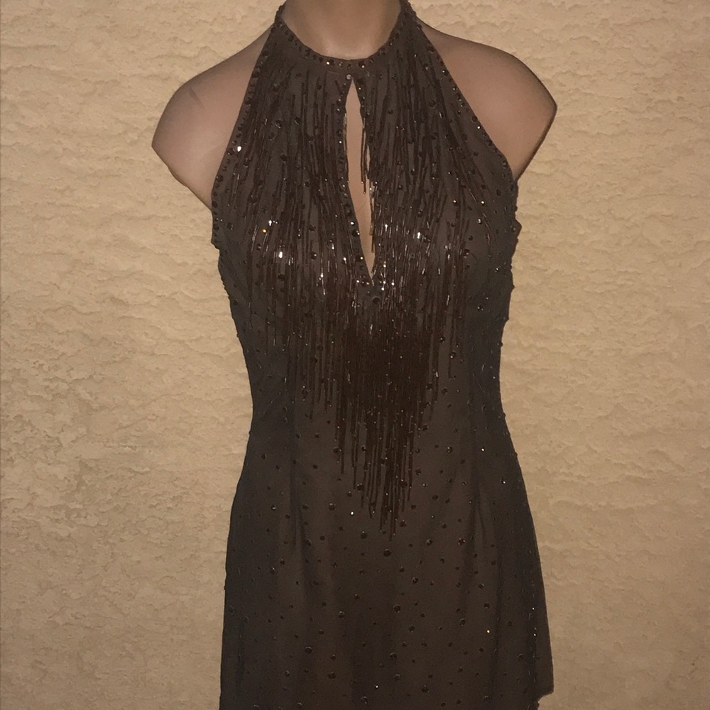 Brown Beaded Mini Dress