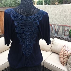 Crochet Back Design. Deep Blue Flowy Blouse