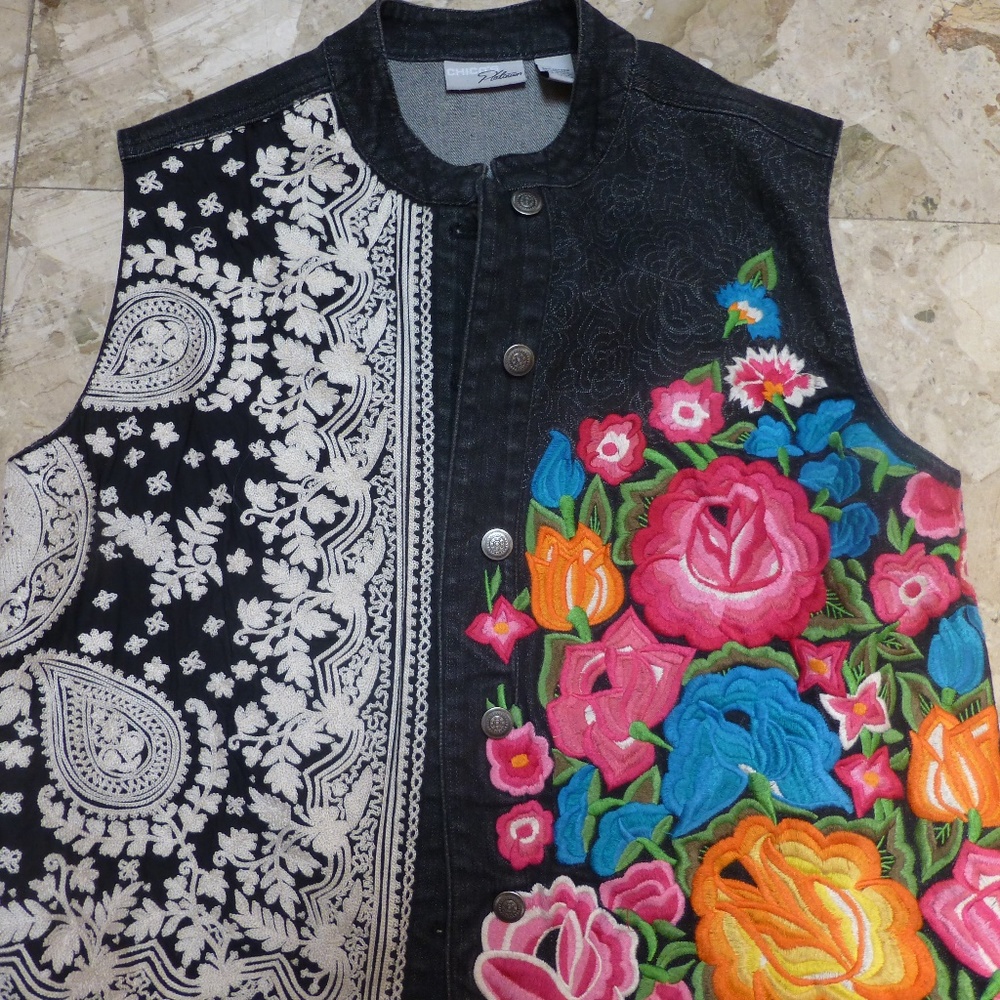 Chico’s Platinum Embroidered Denim Gypsy Vest retired