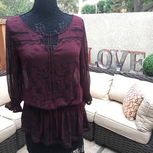 Guess Marciano; Maroon Sheer & Black Crochet Trim