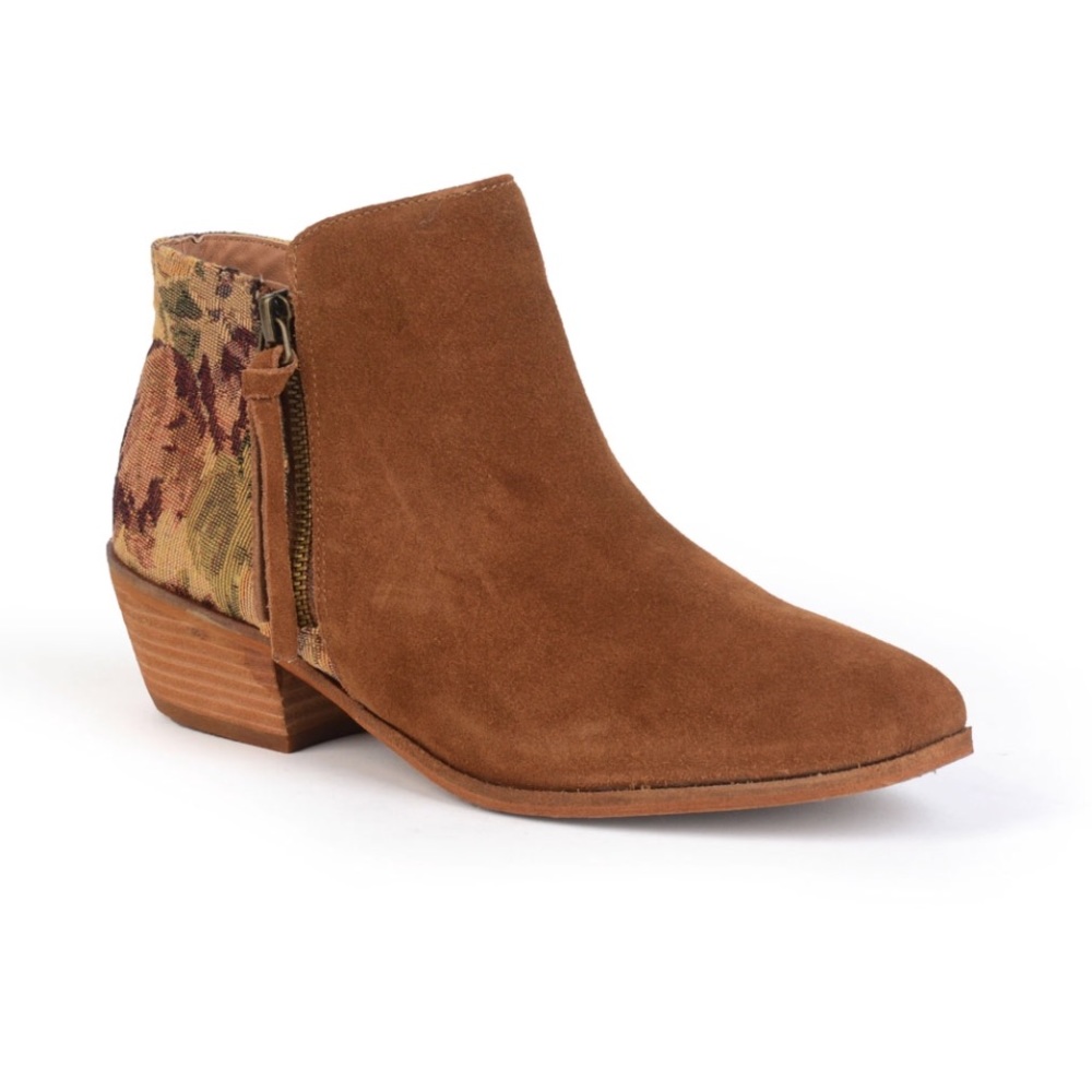 Cognac Suede Floral Print Heel Boho Ankle Booties - Picture 3 of 4