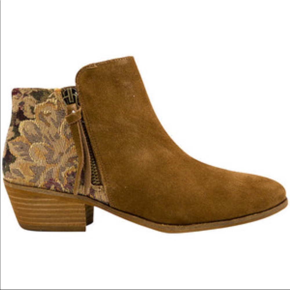 Cognac Suede Floral Print Heel Boho Ankle Booties - Picture 4 of 4