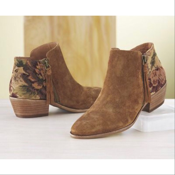 Urban Outfitters Shoes - Cognac Suede Floral Print Heel Boho Ankle Booties