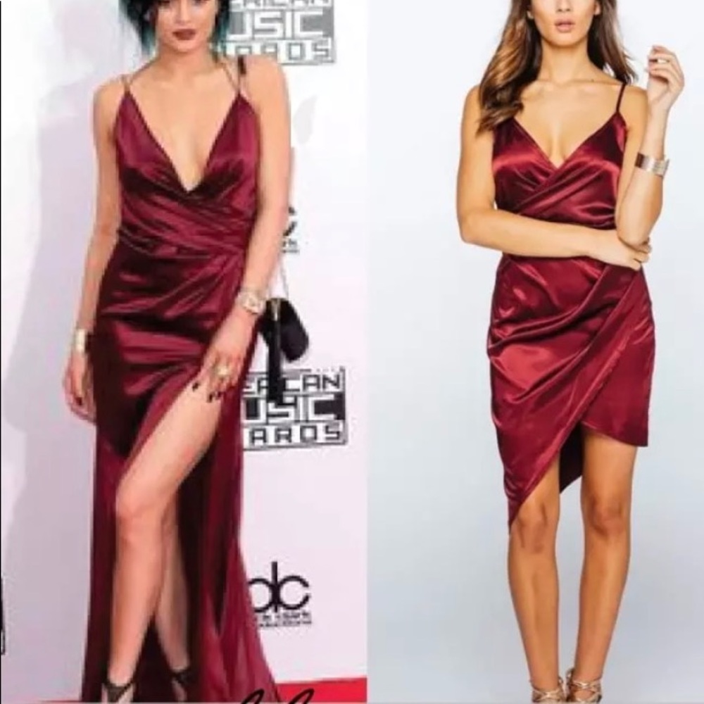 Red satin asymmetrical Holliday dress