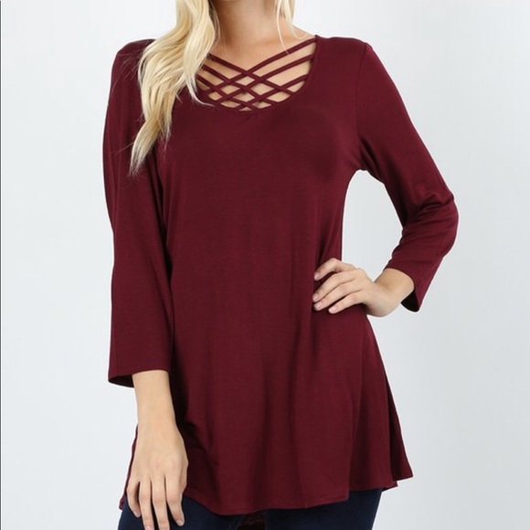 Burgundy Criss Cross Front 3/4 Sleeves Top - Picture 2 of 8