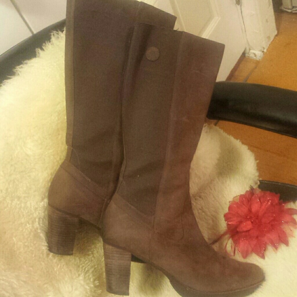 Brown distressed leather knee high boots