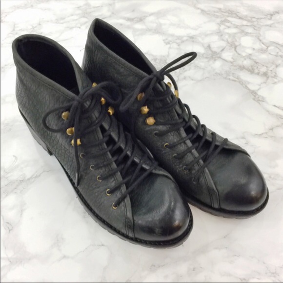 Black Leather Rugged Sole Hiking Boots - Picture 2 of 7