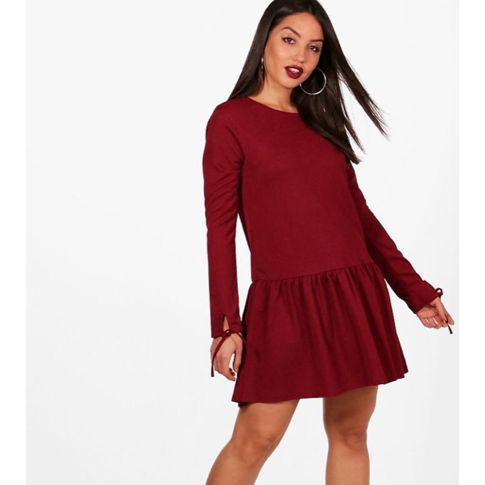 Boohoo Drop Hem Tie Sleeve Shift Dress