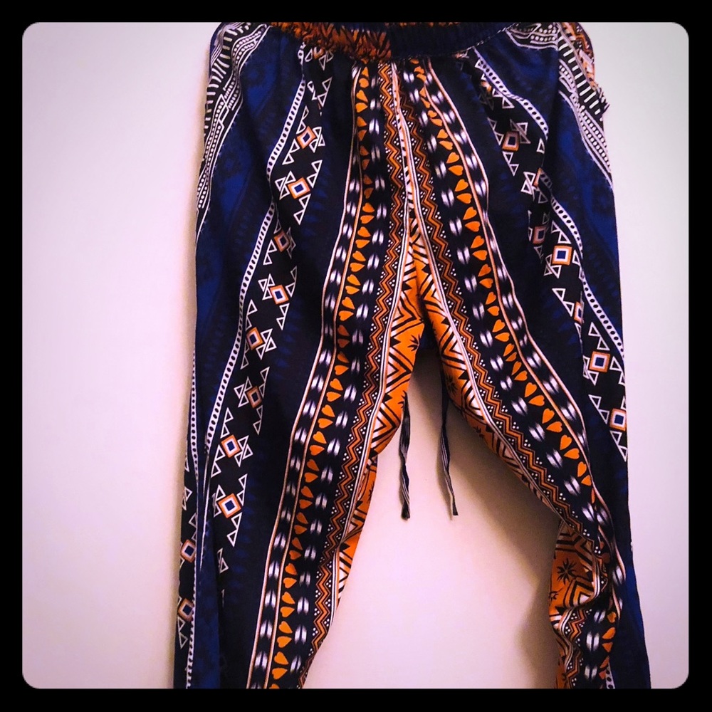 Colorful print pants with drawstring