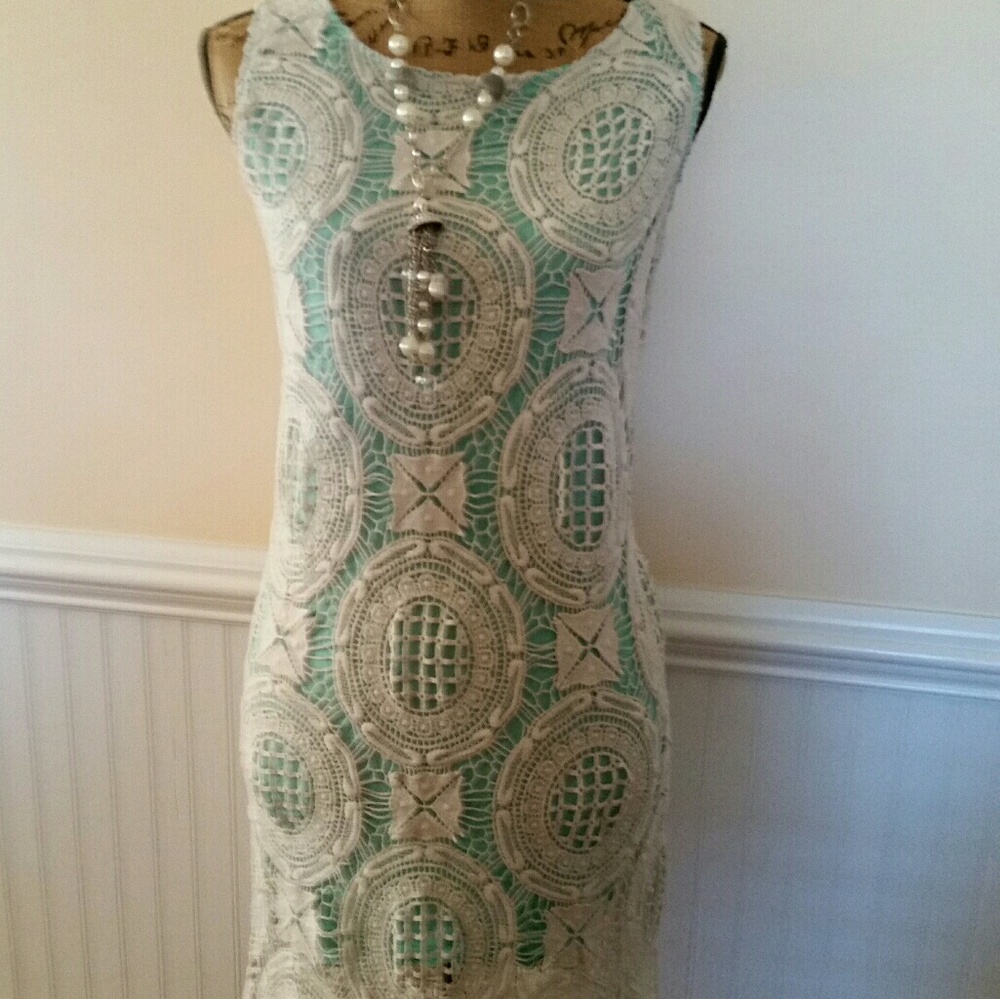 Teal with cream crochet dress.