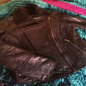 Andrew Marc Shearling Biker Metallic Black Jacket