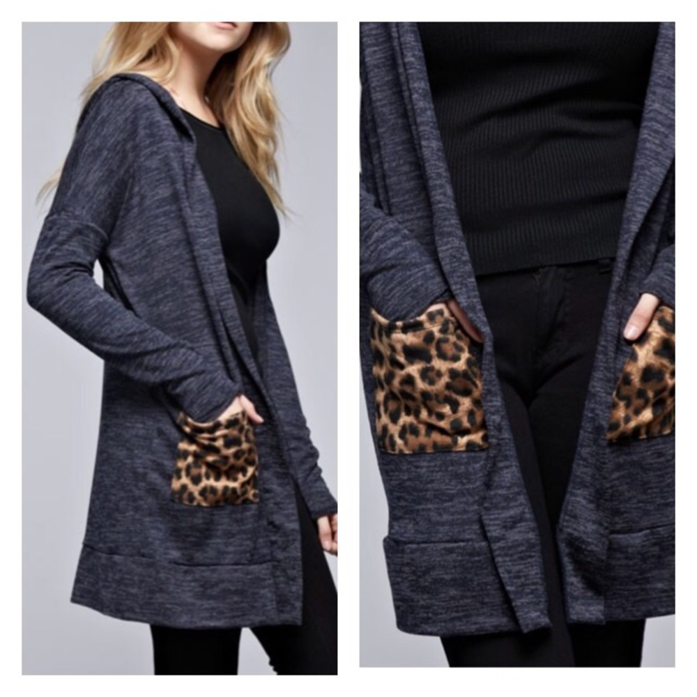 Navy Hood Cardigan Leopard Pockets