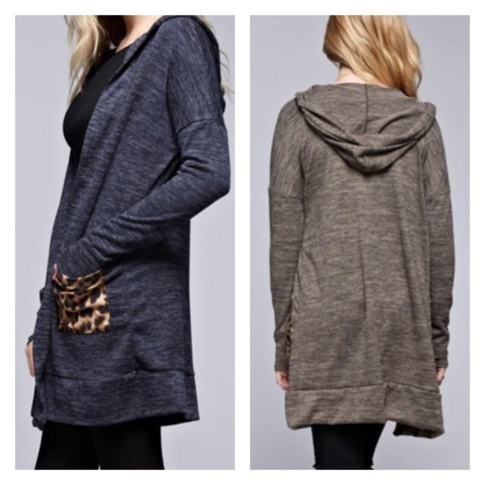 Navy Hood Cardigan Leopard Pockets - Picture 2 of 2