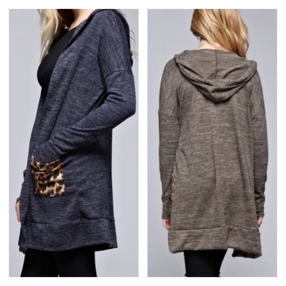 Navy Hood Cardigan Leopard Pockets - Picture 2 of 2