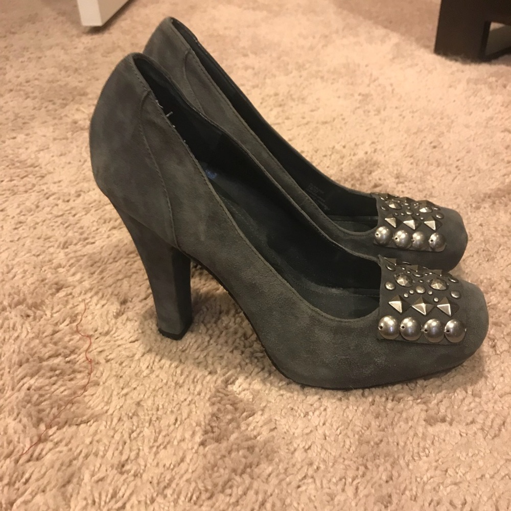 BCBG gray velour heels with silver studs..