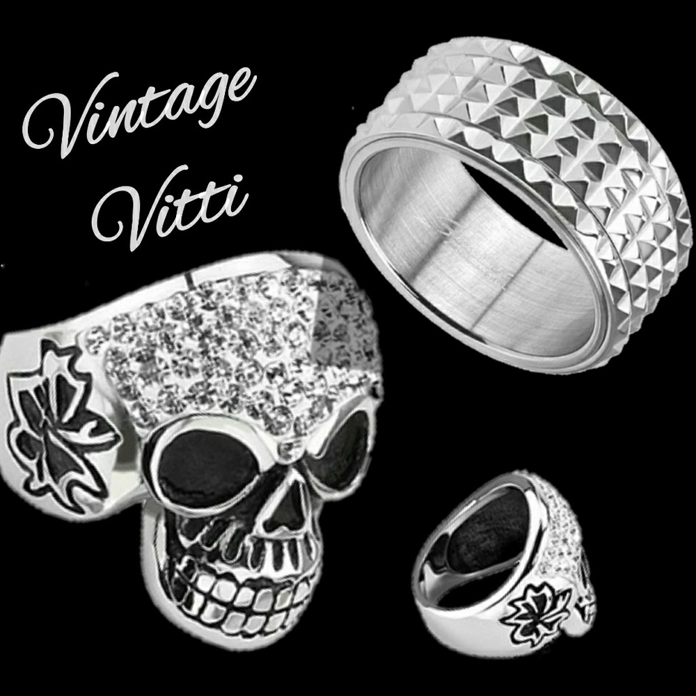 Two Wide Cast Skull & Spinner Men's Rings