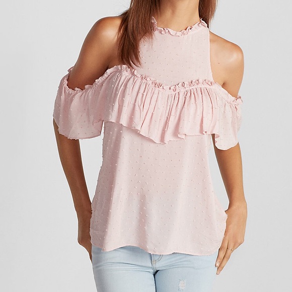 Express Tops - Vintage Pink High Neck Ruffle Cold Shoulder Blouse