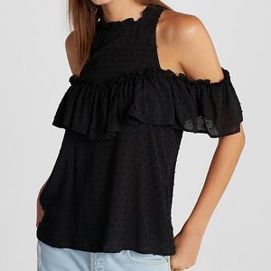 New Black High Neck Ruffle Cold Shoulder Blouse
