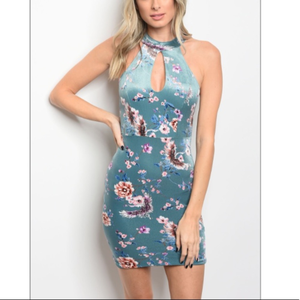 Teal floral velvet dress