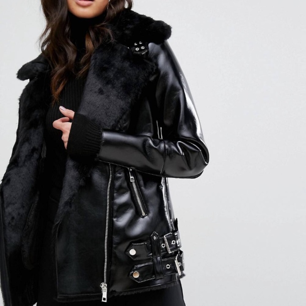 River Island Black Fur Patent Aviator Jacket/Coat