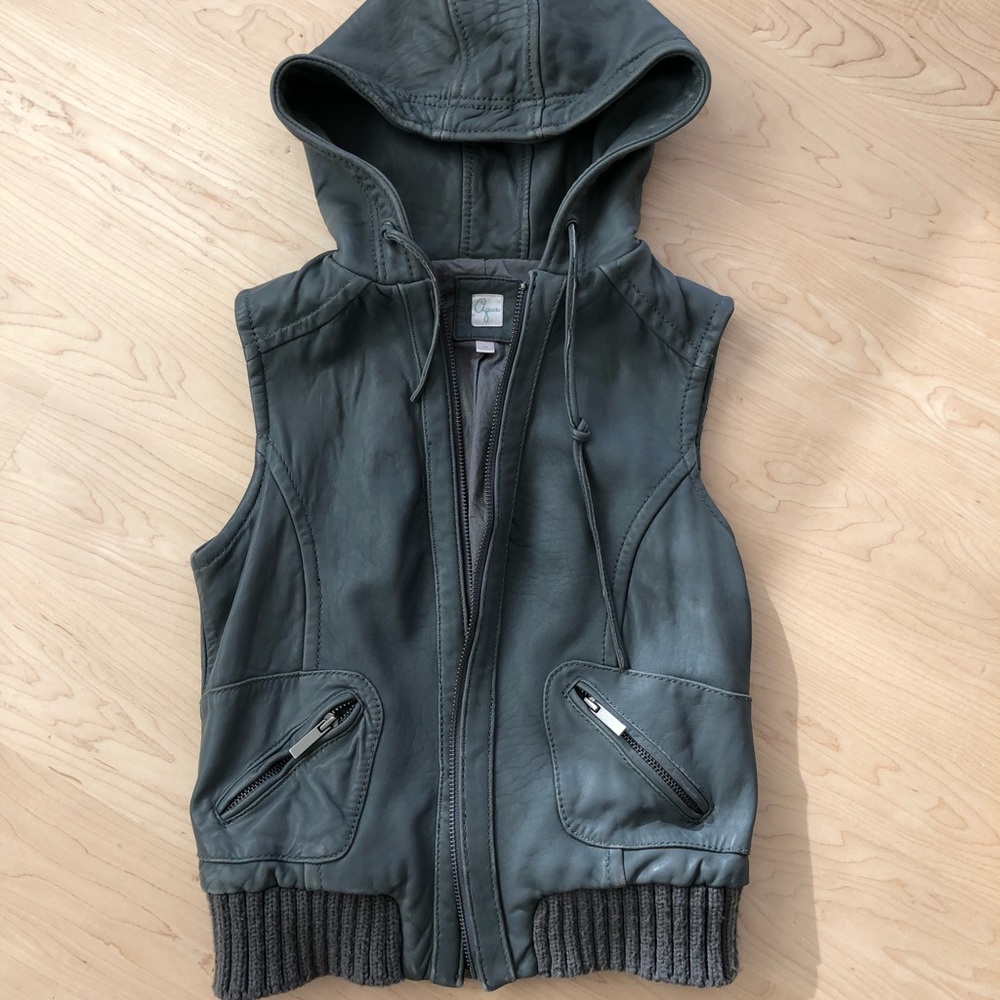 Grey Leather Hooded Vest