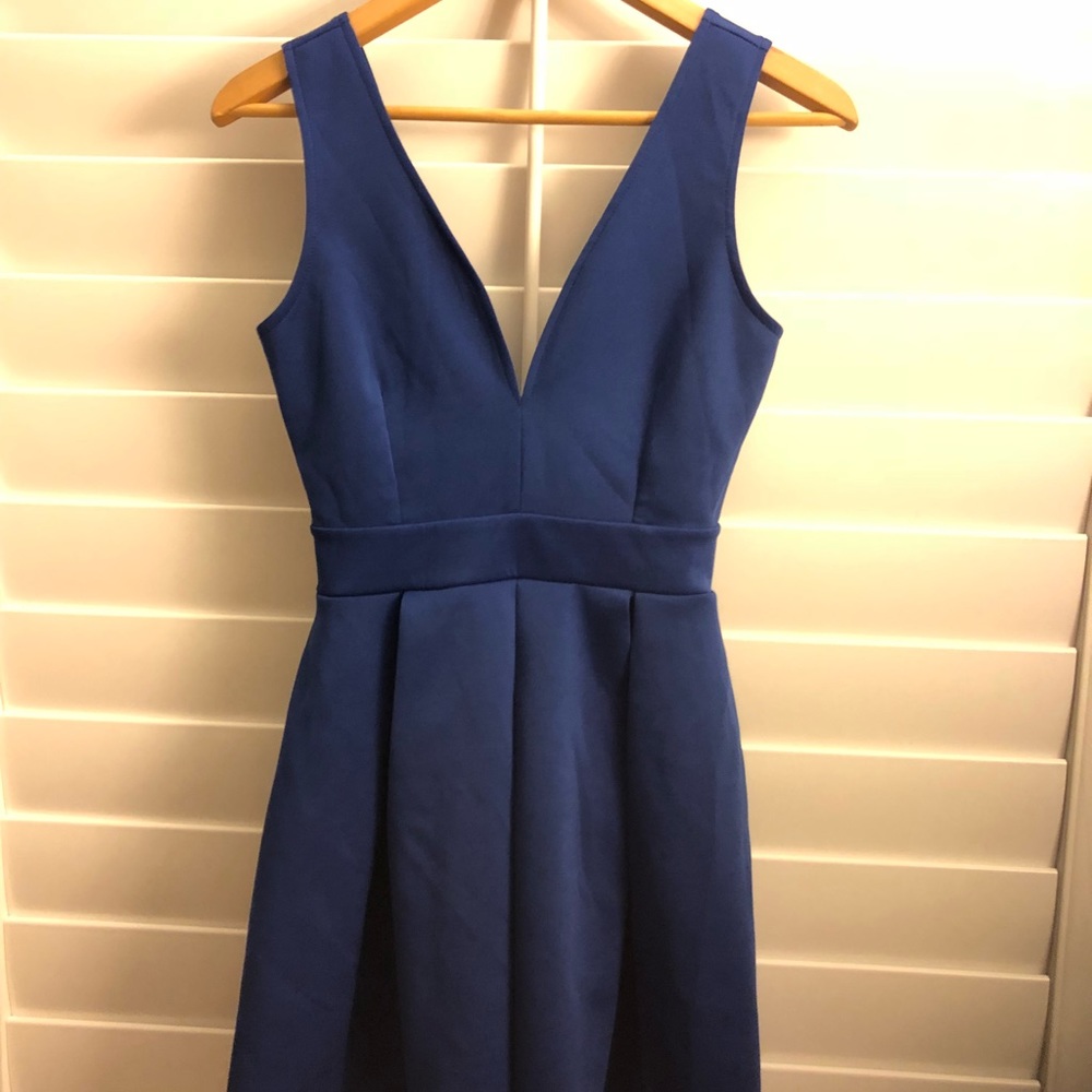 Blue Deep V Front and Back Scuba Skater Dress