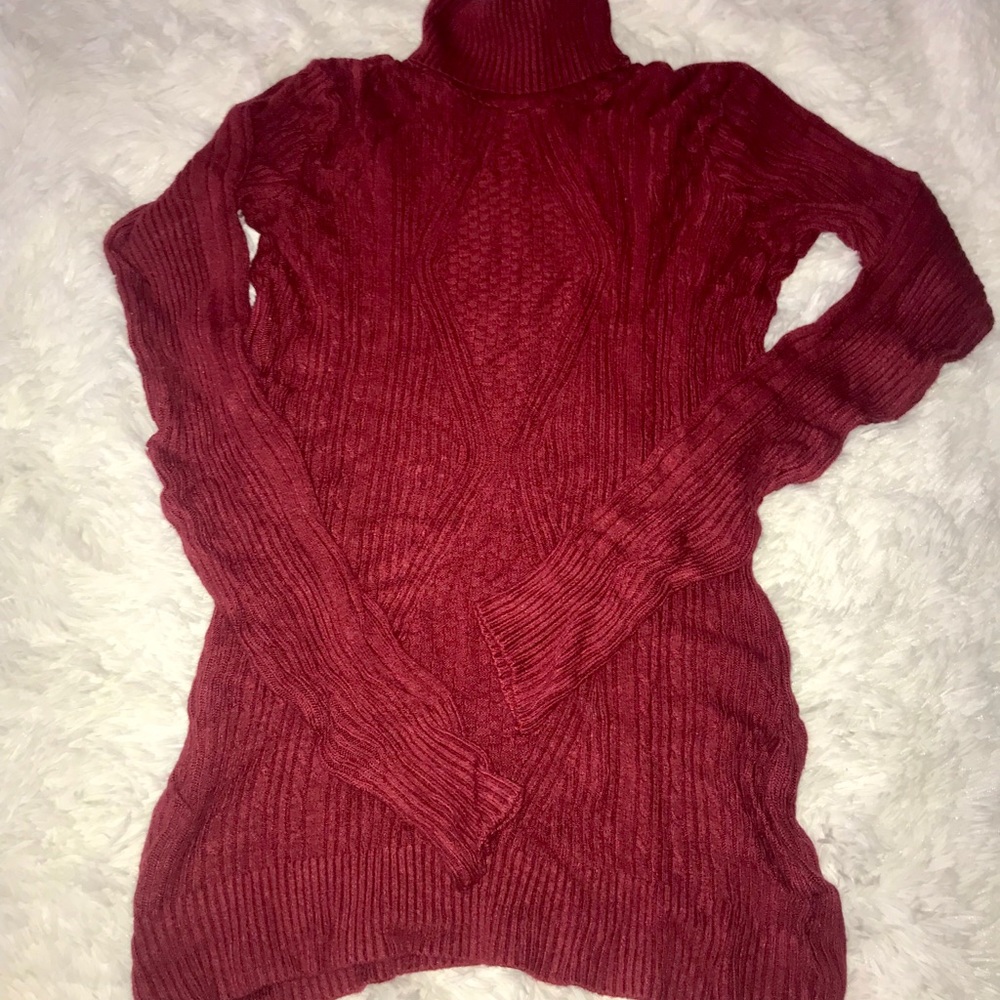 Long maroon turtleneck sweater