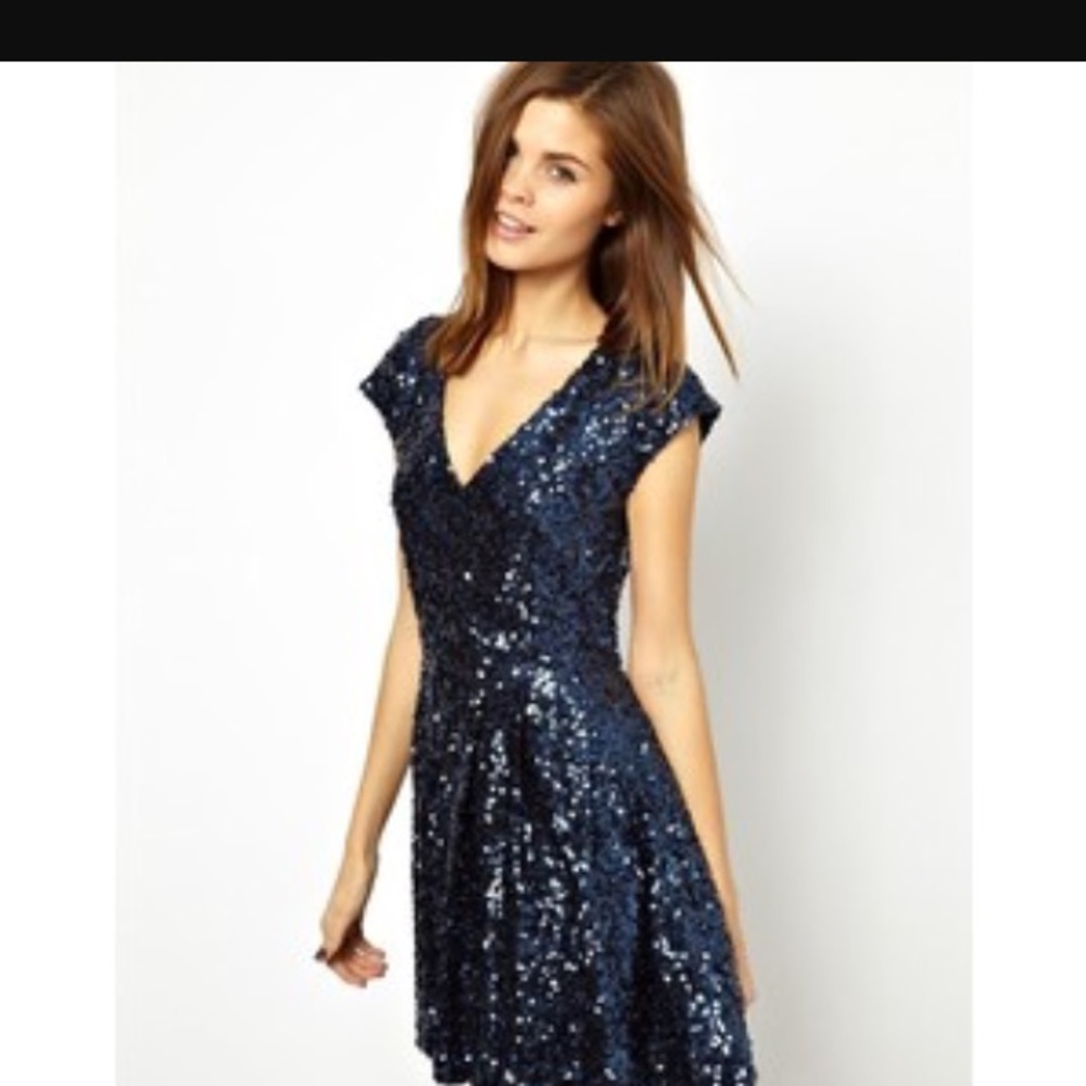 French Connection Blue Sequin Fit and Flare Dress