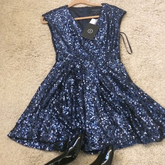 French Connection Blue Sequin Fit and Flare Dress - Picture 3 of 4