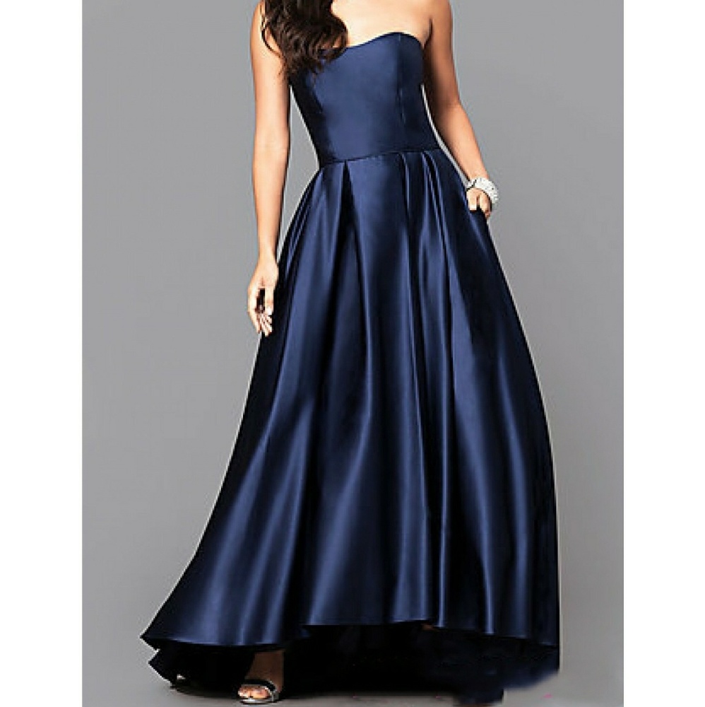 Indigo blue strapless satin ball gown