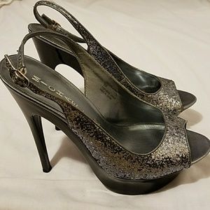 Michael Pewter Glitter Peep Toe Slingbacks 9M