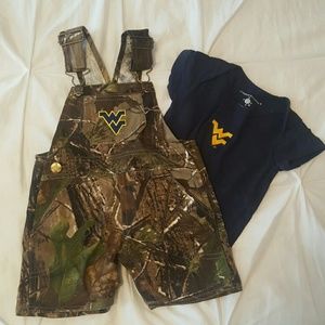 WVU camo overall shorts and onesie