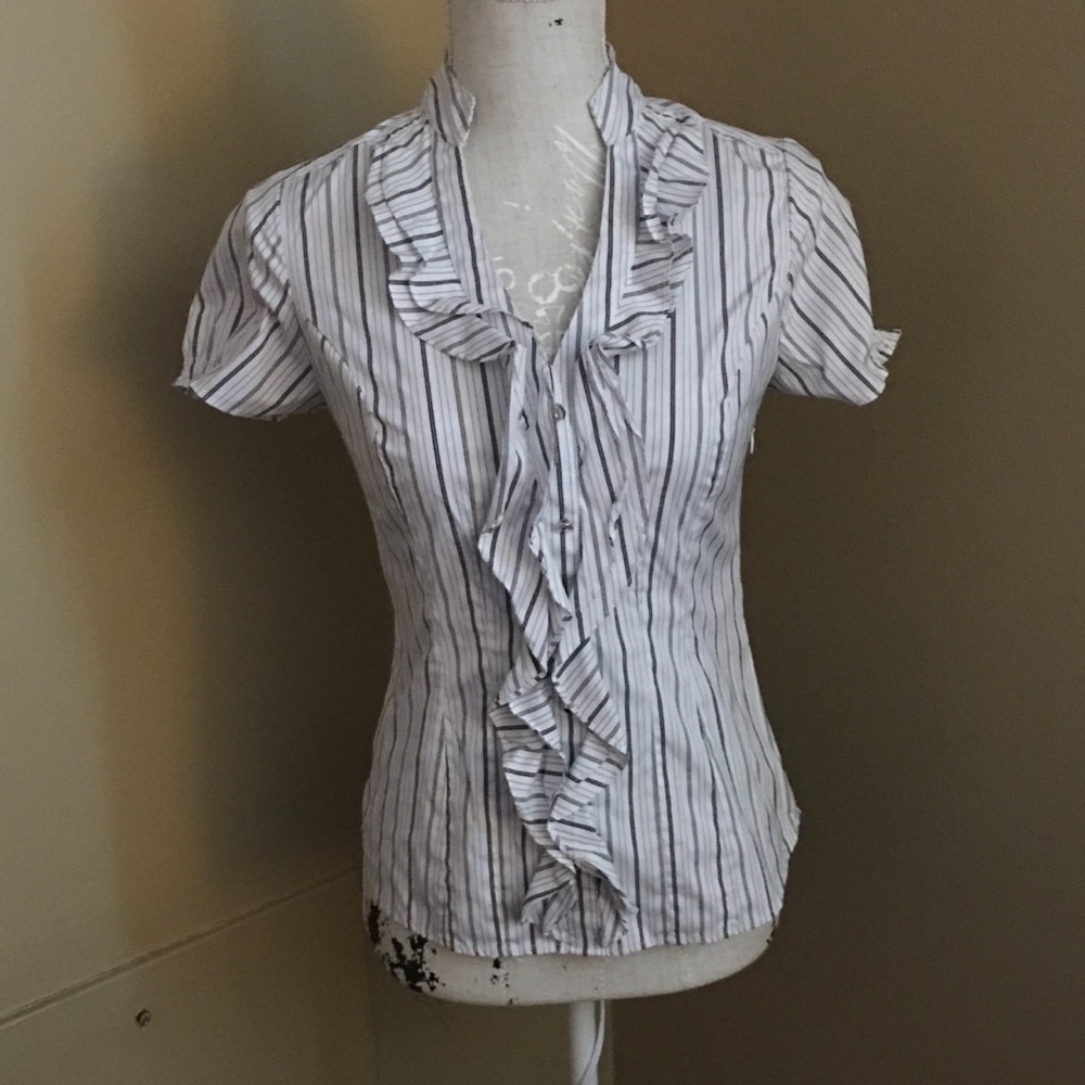 Express Striped Ruffle Front Blouse.
