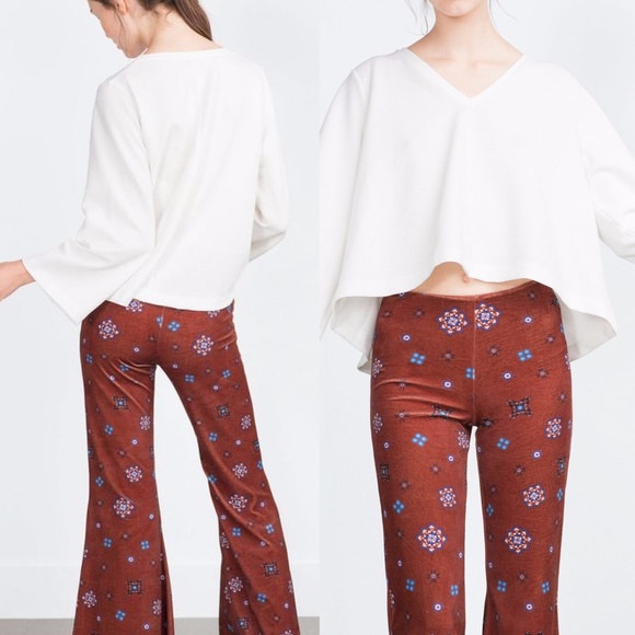 NWOT Zara Trafaluc Velvet Bell Bottom Trousers - Picture 2 of 8