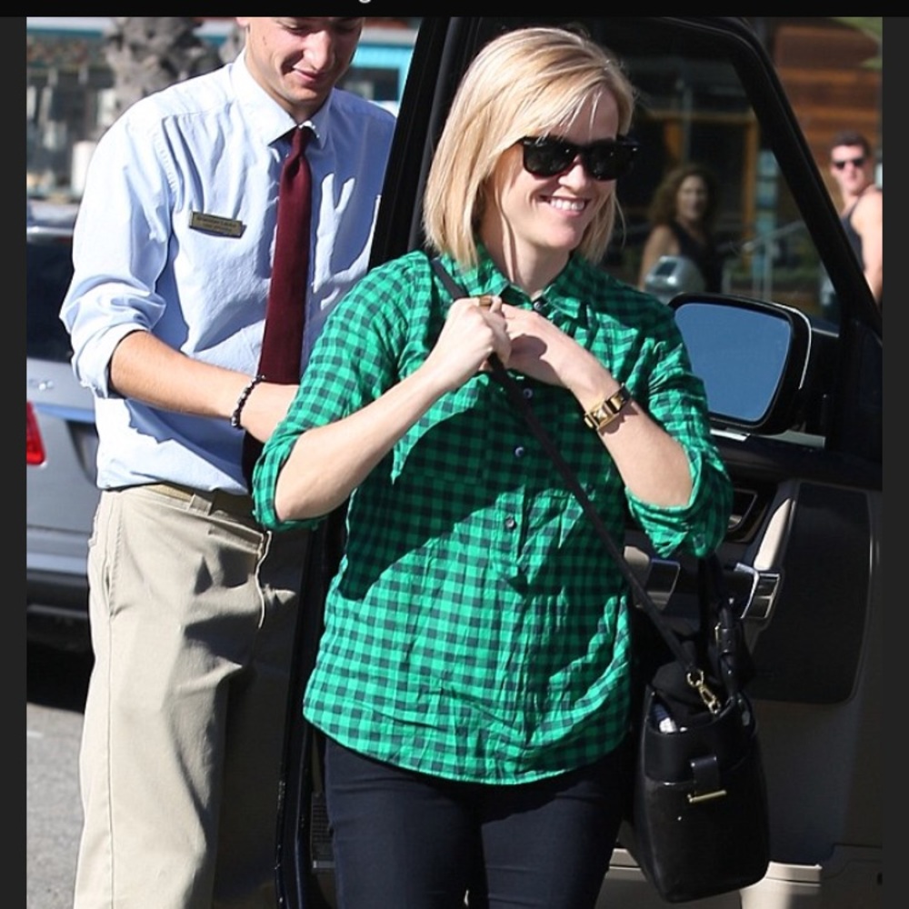 {madewell} green and black checkered blouse