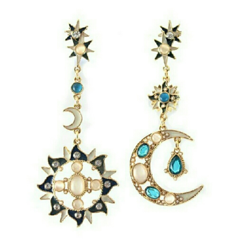 🎈NEW Gold Sun Moon Blue Celestial Dangle Earrings - Picture 7 of 7