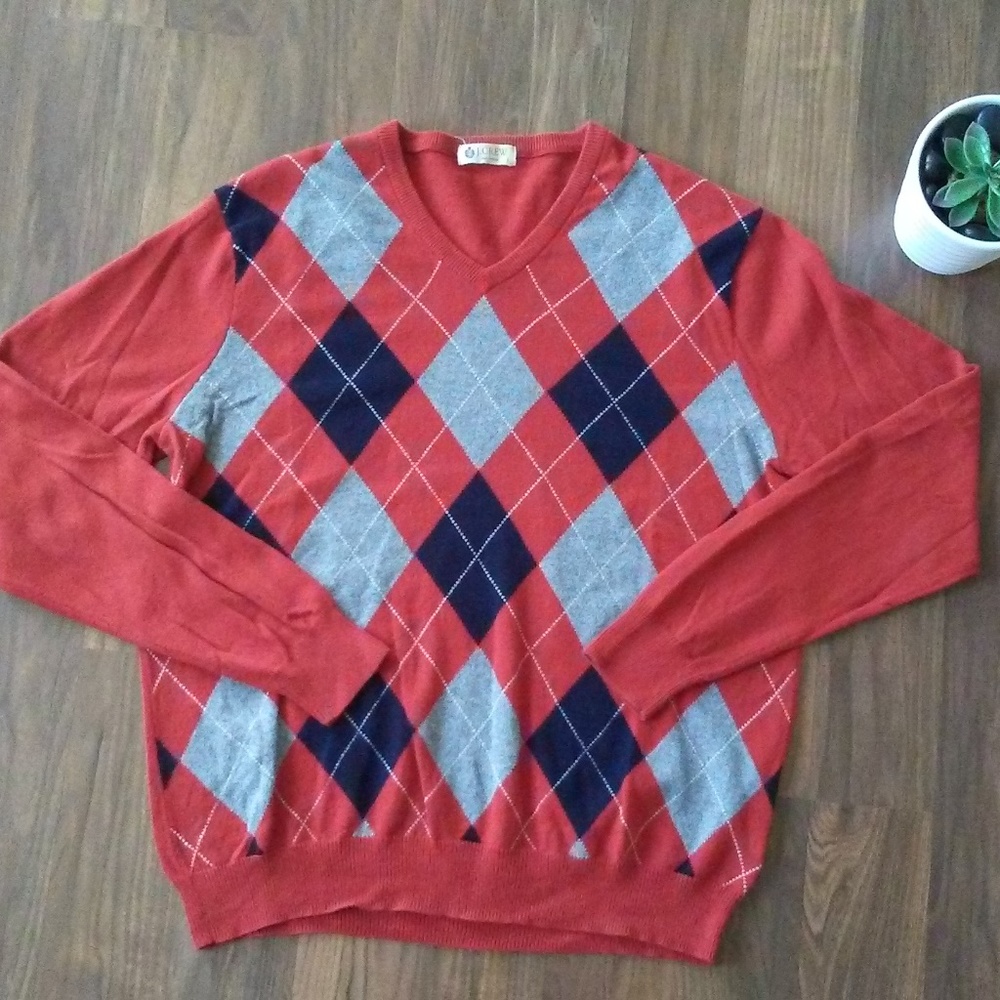 J. Crew Orange Grey Navy Argyle V-neck Sweater