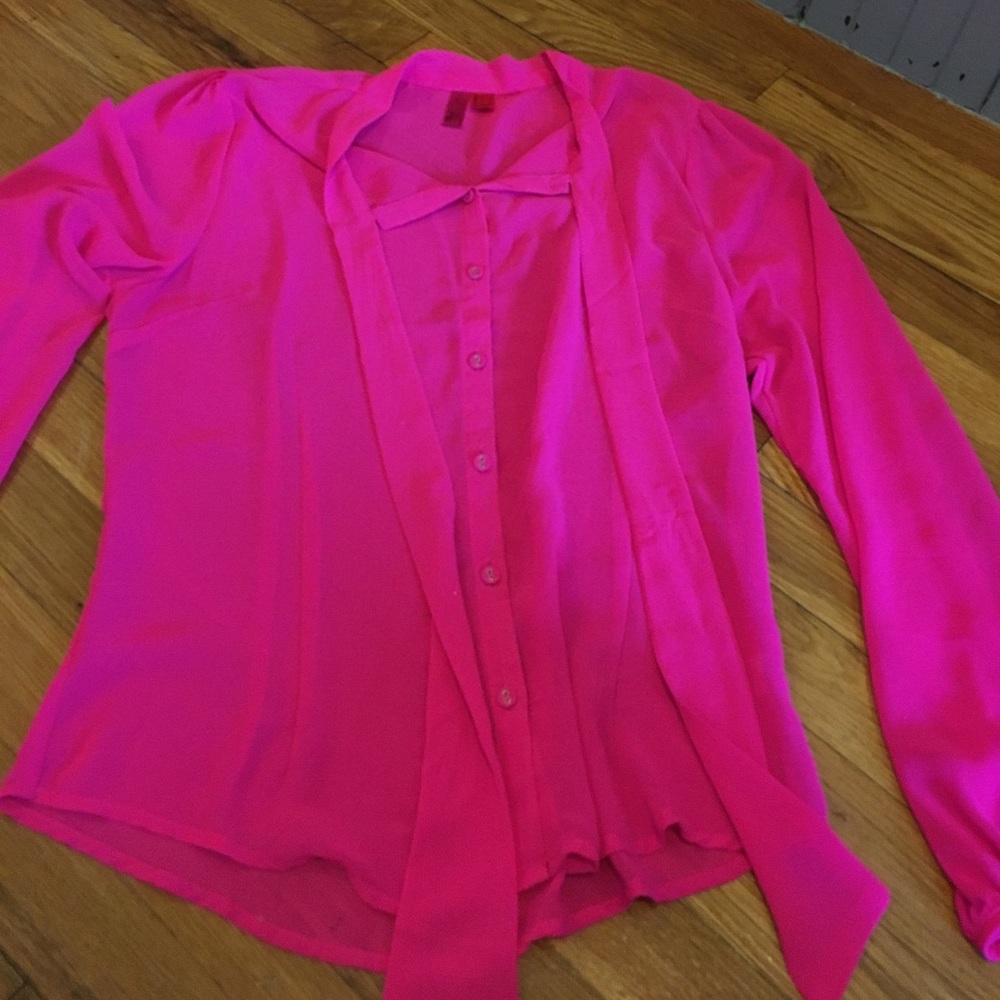Hot pink sheer button up tie neck blouse size L.