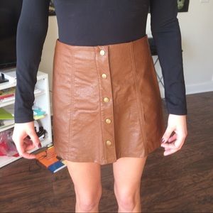 Brown leather button down skirt