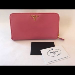 Prada Pink Saffiano Leather Zip Around Wallet