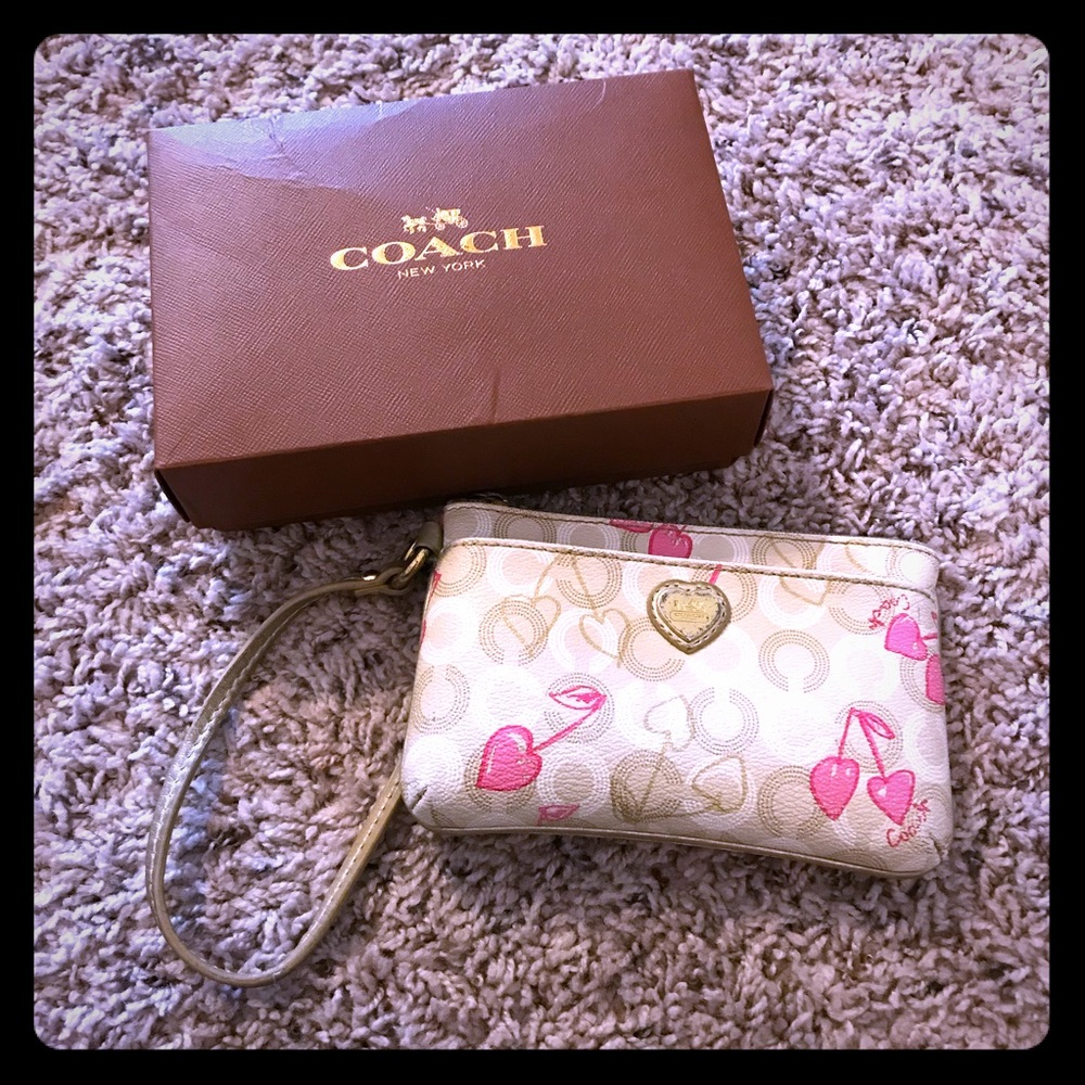Beige Coach Wristlet With Pink Cherry Hearts