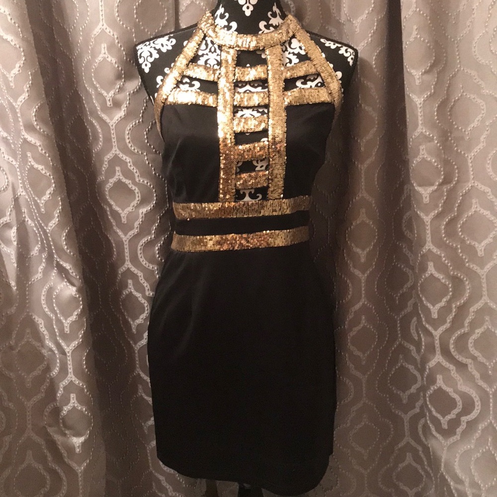 Love Culture Fitted Black Dress/Gold Sequins