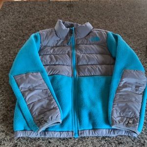 Girls sky blue and gray North Face Jacket.