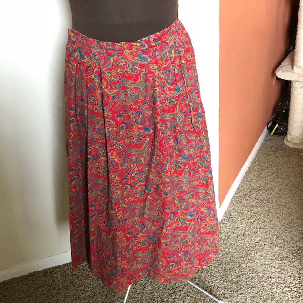 Red & green paisley corduroy skirt with pockets