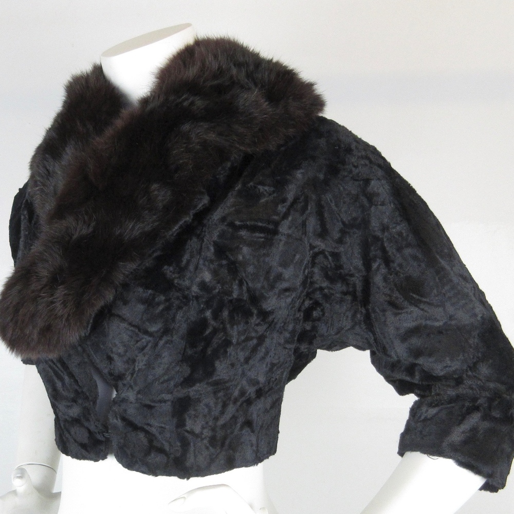 Vintage Mid Century  Black Velvet / Fox Fur Bolero